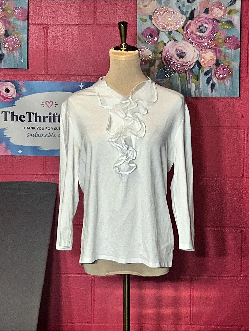Jones New York White Ruffle Long Sleeve Top Size Large